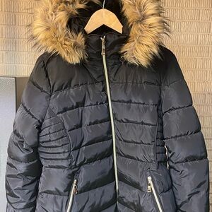 Black Puffer Jacket with Faux Fur Hood